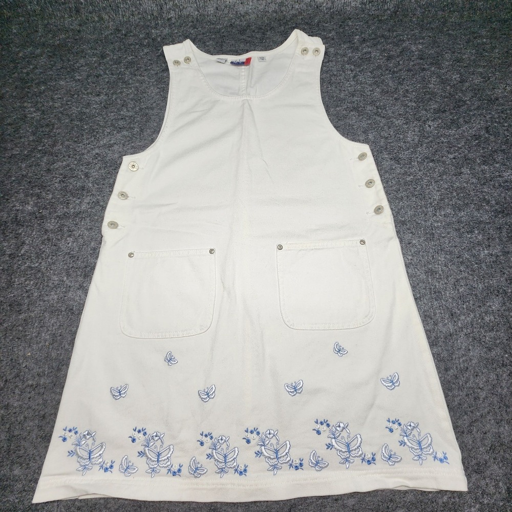 JL NY White Denim Jumper Dress Blue Butterfly Embroidered Medium Country Cottage